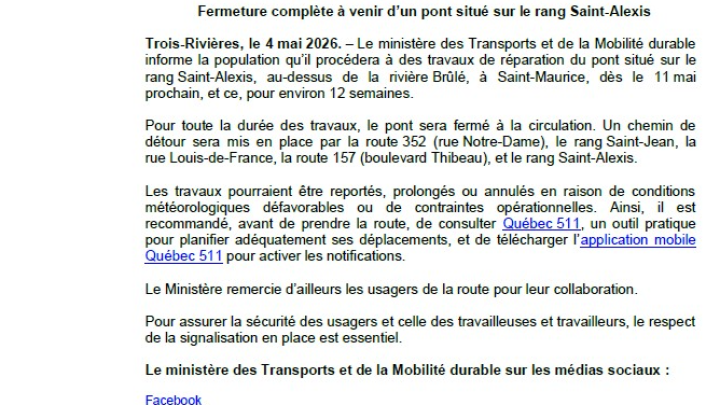 FERMETURE DU PONT - RANG SAINT-ALEXIS